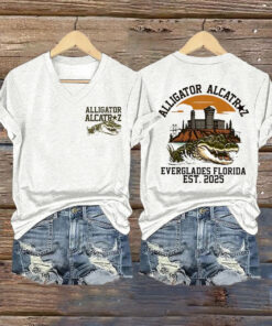 Alligator Alcatraz V-Neck Shirt Women's Trump Florida Everglades EST 2025 Merch Clothing - Homegiftaura