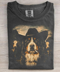Bernese Mountain Dog Western Graphic T-Shirt Cowboy Dog With Cigarette Merch Gift For Her - Homegiftaura