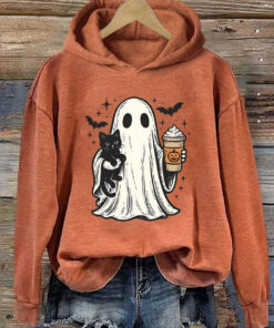 Black Cat Pumpkin Spice Ghost Hoodie Funny Cute Halloween Gifts For Her Ideas For Teen - Homegiftaura
