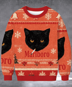 Black Cat Smoking Marlboro Ugly Christmas Sweater Winter Apparel Christmas Gifts For Cat Lovers - Homegiftaura