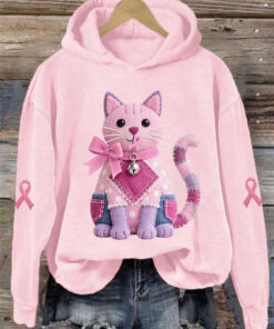 Breast Cancer Awareness Month Cat Hoodie Pink Ribbon Gift For Daughter - Homegiftaura