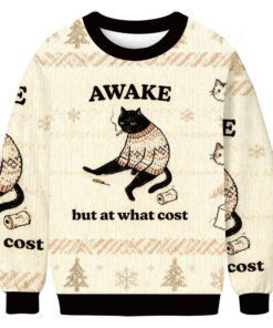 Cat Awake But At What Cost Christmas Ugly Sweater Smoking Cat Funny Clothing Gifts - Homegiftaura