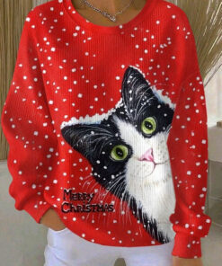 Cat Merry Christmas Sweatshirt Cute Kitten Clothes Presents For Cat Lovers Women - Homegiftaura