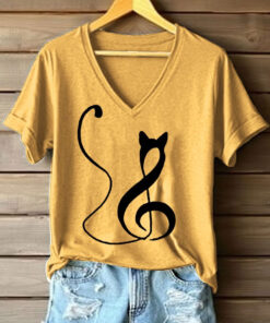 Cat Note Music V-Neck T-Shirt Women's Happy International Cat Day Best Gifts For Her - Homegiftaura