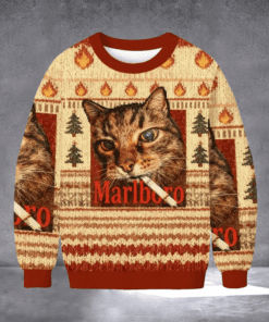 Cat Smoking Marlboro Ugly Christmas Sweater Dark Humor Holiday Sweater Meme Clothing Xmas Gift - Homegiftaura