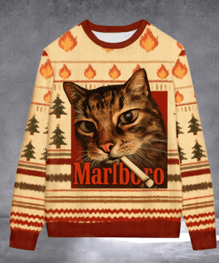 Cat Smoking Marlboro Ugly Christmas Sweater Xmas Party Outfits Christmas Gifts For Cat Lover - Homegiftaura