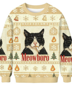 Cat Smoking Meowoboro Cigarette Ugly Christmas Sweater Funny Cat Meme Xmas Jumpers - Homegiftaura