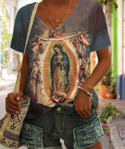 Catholic Faith Virgin Mary V-Neck Shirt Women's Faith Christian Mother Mary T-Shirt - Homegiftaura