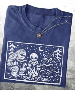 Cryptid Book Club T-Shirt Bigfoot Alien Mothman Reading Campfire Cloths Gift For Men - Homegiftaura