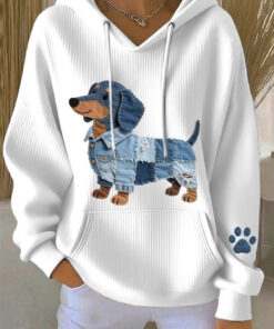Dachshund Pattern Denim Patchwork Hoodie Cute Dachshund Hoodie Gifts For Sausage Dog Lovers - Homegiftaura