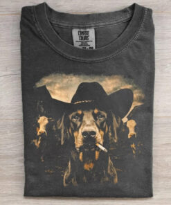 Doberman Pinscher Western Graphic T-Shirt Cowboy Dog With Cows Merch Gifts For Men - Homegiftaura
