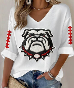 Georgia Bulldogs Long SLeeve V-Neck Shirt Women's Game Day Fan Apparel Georgia Football Merch - Homegiftaura