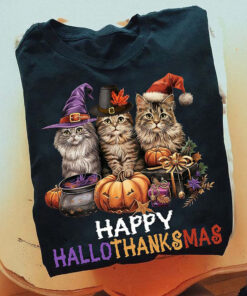 Happy Hallothanksmas Cat Shirt Halloween Thanksgiving Christmas Cats T-Shirt Gifts For Him Her - Homegiftaura