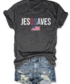 Jesus Saves USA Flag T-Shirt Christian Patriot Merch Gift For Religious Fans - Homegiftaura