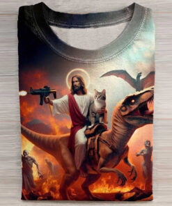 Jesus With Cat Riding Dinosaur T-Rex T-Shirt Funny Jesus Art Graphic Tee Unique Gifts - Homegiftaura