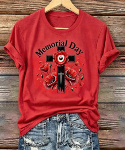 Memorial Day Red Poppy Cross T-Shirt Honor Their Sacrifice Merch Gift For Her - Homegiftaura