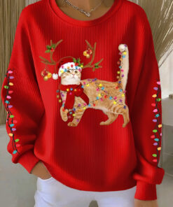 Orange Cat Christmas Sweatshirt Cute Kitten Lighting Shirt Christmas Merch Gift For Her - Homegiftaura