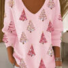 Pink Christmas Tree V-Neck Long Sleeve Shirt Cold Weather Clothes Christmas Vacation Apparel - Homegiftaura
