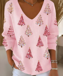 Pink Christmas Tree V-Neck Long Sleeve Shirt Cold Weather Clothes Christmas Vacation Apparel - Homegiftaura