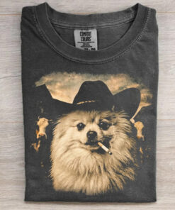 Pomeranian Western Graphic T-Shirt Cowboy Dog Smoking Merch Gifts For Her - Homegiftaura