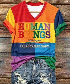 Pride Month Merch Human Beings Colors May Vary V-Neck Shirt Women's LGBTQ Gift Ideas - Homegiftaura