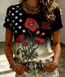 Red Friday Poppy Flower T-Shirt American Flag Shirt Best Gift For Mother's Day - Homegiftaura
