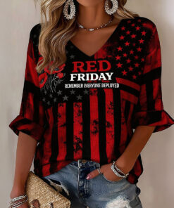 RED Friday Remember Everyone Deployed Poppy Floral V-Neck Long Sleeve Shirt American Flag Apparel - Homegiftaura