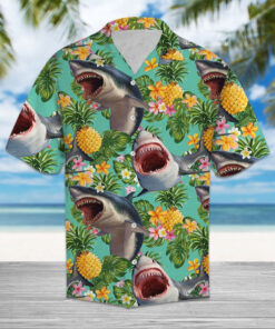 Shark Hawaiian Shirt Tropical Pineapple Shark Aloha Shirt Summer Vacations Gift Ideas - Homegiftaura