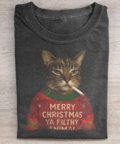 Smoking Cat Wearing Christmas Sweater T-Shirt Funny Cat Meme Tee Xmas Gifts For Friends - Homegiftaura