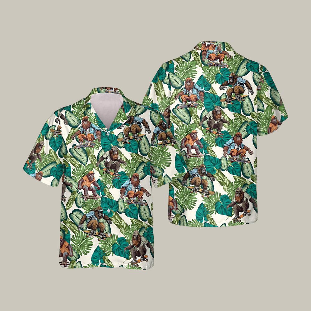 Tropical Skater Bigfoot Hawaiian Shirt Tropical Bigfoot Graphic Tee Unique Gift For Father's Day - Homegiftaura
