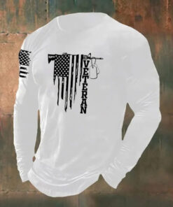 Veteran Long Sleeve Shirt Men's Dog Tag Gun American Flag Patriotic Veteran Clothing - Homegiftaura