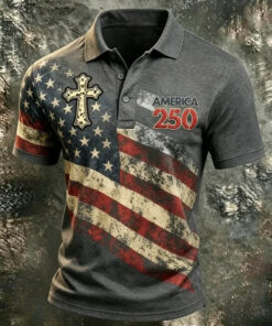 Vintage America 250 Yearss Polo Shirt Patriotic Flag Cross Clothing Veteran Gift For Men - Homegiftaura