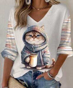 Winer Cat Kitten With A Coffee Long Sleeve V-Neck T-Shirt Women's Cure Gifts For Cat Person - Homegiftaura