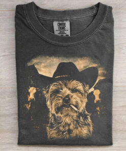 Yorkie Western Graphic T-Shirt Cowboy Dog With Cigarette Merch Gift For Him - Homegiftaura