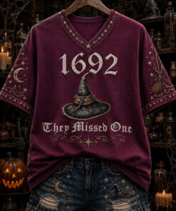 1692 They Missed One V-Neck Shirt Halloween Witch Merch Unique Halloween Apparel Finds
