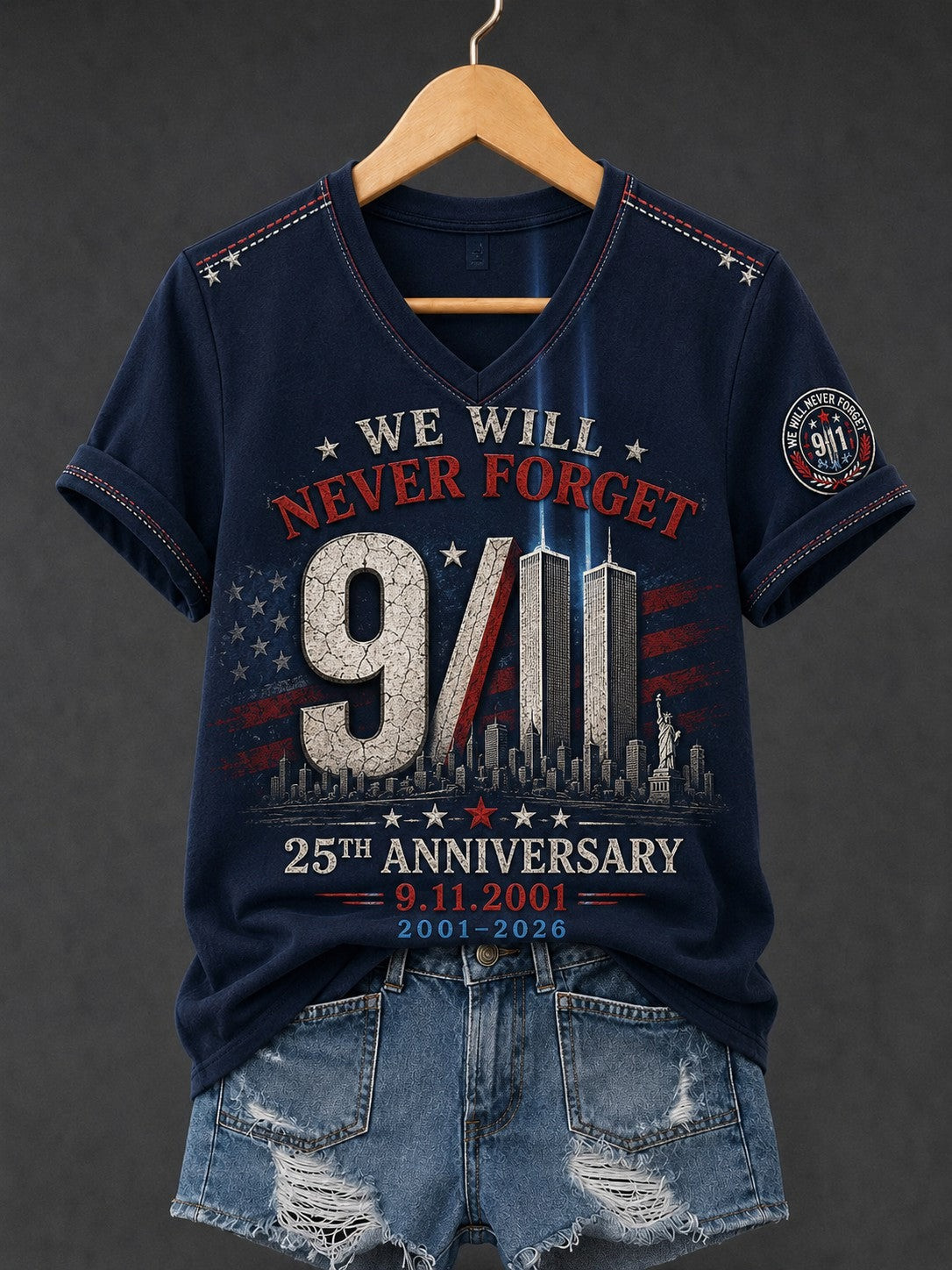 25Th Anniversary 9 11 V-Neck T-Shirt We Will Never Forget Clothing Gifts For Patriot