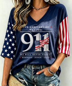 9 11 Never Forget V-Neck Raglan Shirt Patriot Day Apparel Patriotic American Gift