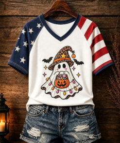 American Flag Ghost V-Neck T-Shirt Cute Witch Ghost Merch Patriotic Halloween Gift