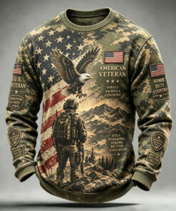 American Veteran Eagle Camo Sweatshirt Patriotic US Flag Merch Military Memorial Day Gift