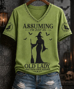 Assuming I'm Just An Old Lady V-Neck T-Shirt Halloween Witchy Womens Apparel Gifts For Her