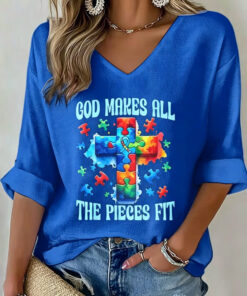 Autism Awareness V-Neck Long Sleeve God Makes All The Pieces Fit Merch Gift Ideas - Homegiftaura