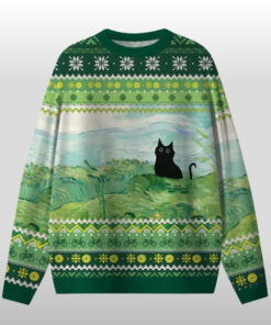 Black Cat Green Meadow Ugly Sweater Aesthetic Cat Lover Holiday Merch Christmas Gifts