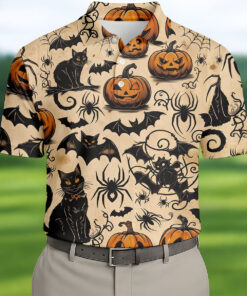 Black Cat Halloween Polo Shirt Retro Pumpkin Bat Mens Apparel Gifts For Him