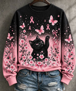 Breast Cancer Awareness Cat Sweatshirt Pink Ribbon Butterfly Womens Clothes Outfit Gifts