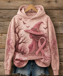 Breast Cancer Awareness Hoodie Halloween Pink Witch Ribbon Merch Cancer Survivor Gift