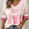 Breast Cancer Awareness Long Sleeve V-Neck Shirt Breast Cancer Awareness Tops With Ribbon - Homegiftaura