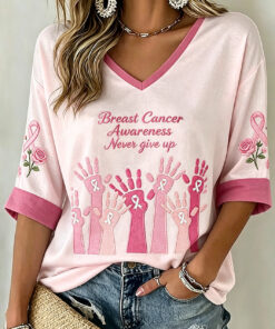 Breast Cancer Awareness Long Sleeve V-Neck Shirt Breast Cancer Awareness Tops With Ribbon - Homegiftaura