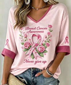 Breast Cancer Awareness Long Sleeve V-Neck Shirt Breast Cancer Hope And Courage Apparel - Homegiftaura