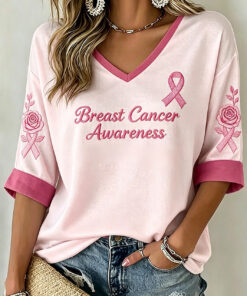 Breast Cancer Awareness Long Sleeve V-Neck Shirt Pink Clothes Gift For Women - Homegiftaura