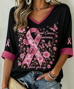 Breast Cancer Awareness Long Sleeve V-Neck Shirt Stand Strong Pink Ribbon Shirts For Her - Homegiftaura